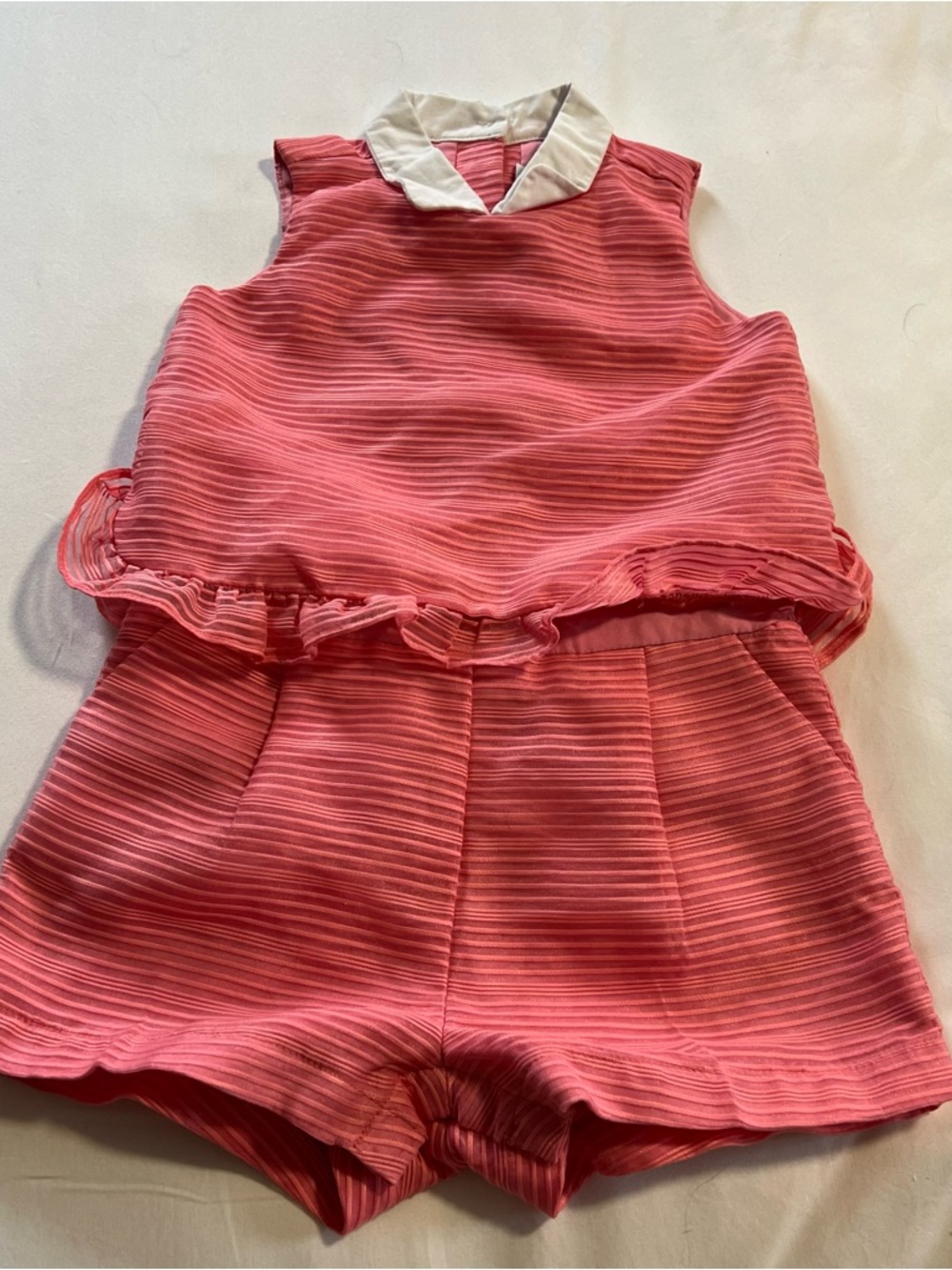 Janie and‎ Jack Pink salmon coral Striped Girls Romper ruffle collared